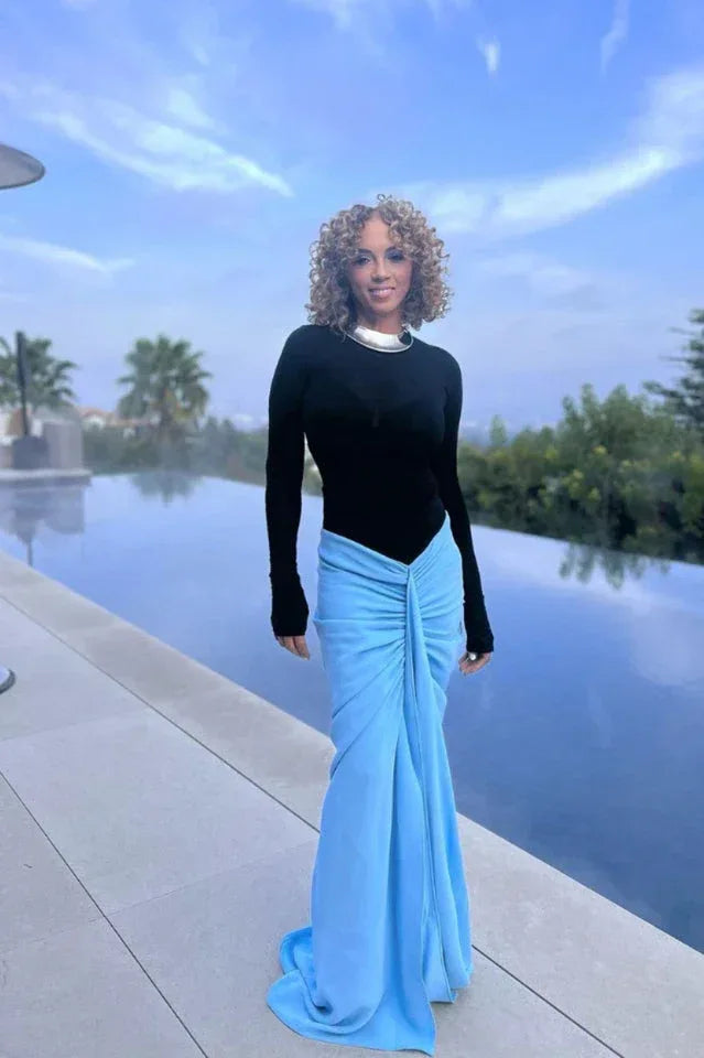 Woman wearing a blue ruched maxi skirt and black long sleeve bodysuit - View 12 | WEUXS