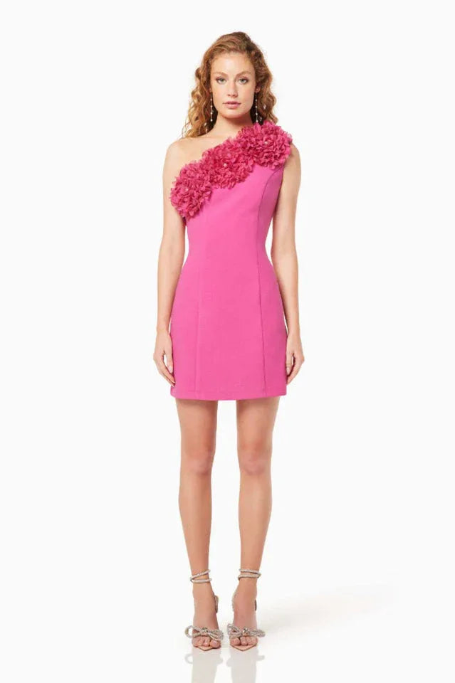 One shoulder mini dress with floral embellishment - View 7 | WEUXS