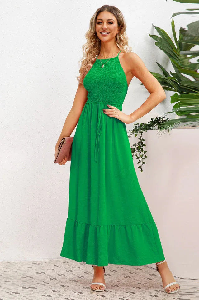 A-line maxi dress with smocked bodice and crisscross back straps - View 11 | WEUXS