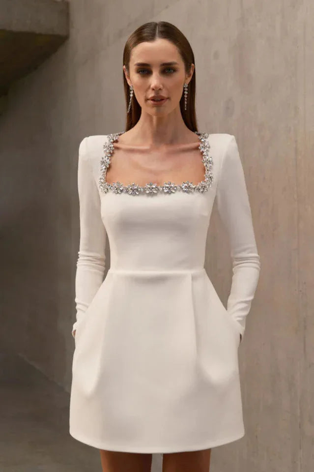 White embellished square neck long sleeve crepe mini dress - View 6 | WEUXS