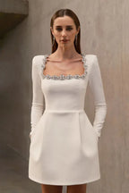 White embellished square neck long sleeve crepe mini dress - View 6 | WEUXS