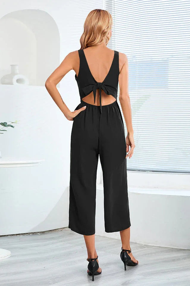 Wide leg jumpsuit with tie waist and back cutout - View 6 | WEUXS