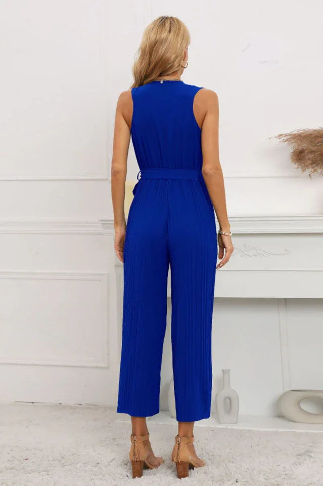 Calf length wide leg jumpsuit with ruffle neckline - View 8 | WEUXS