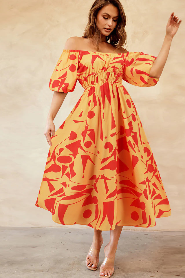 Printed Off Shoulder Balloon Sleeve Dress | Dress In Beauty