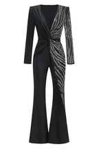 Women's elegant black crepe jumpsuit with V-neckline and rhinestone embellishments - View 14 | WEUXS