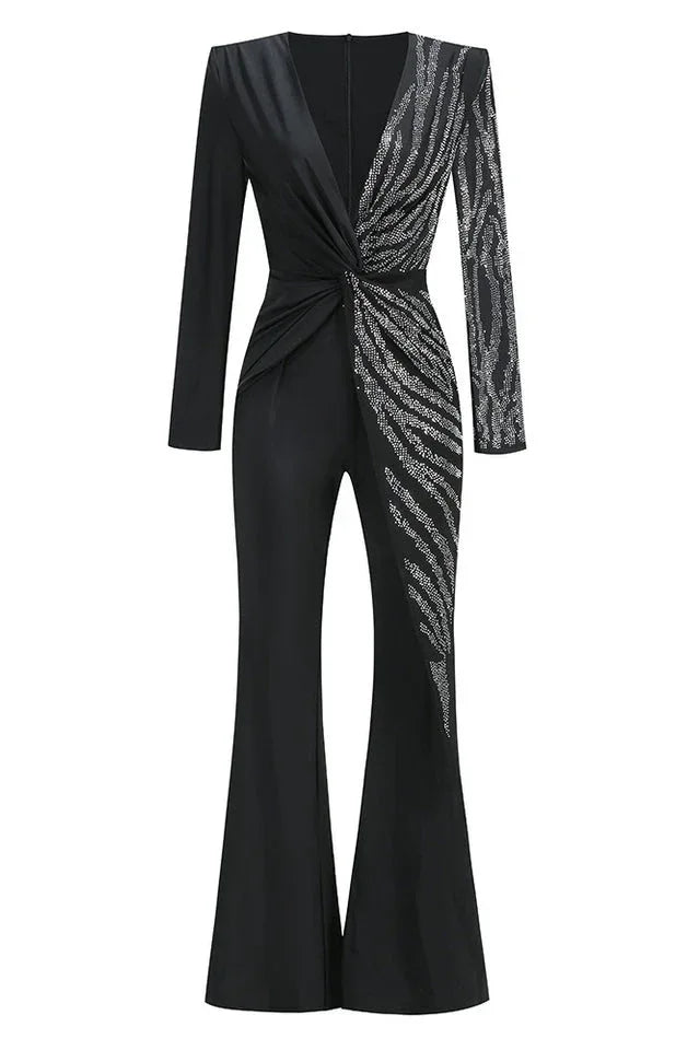 Women's elegant black crepe jumpsuit with V-neckline and rhinestone embellishments - View 14 | WEUXS