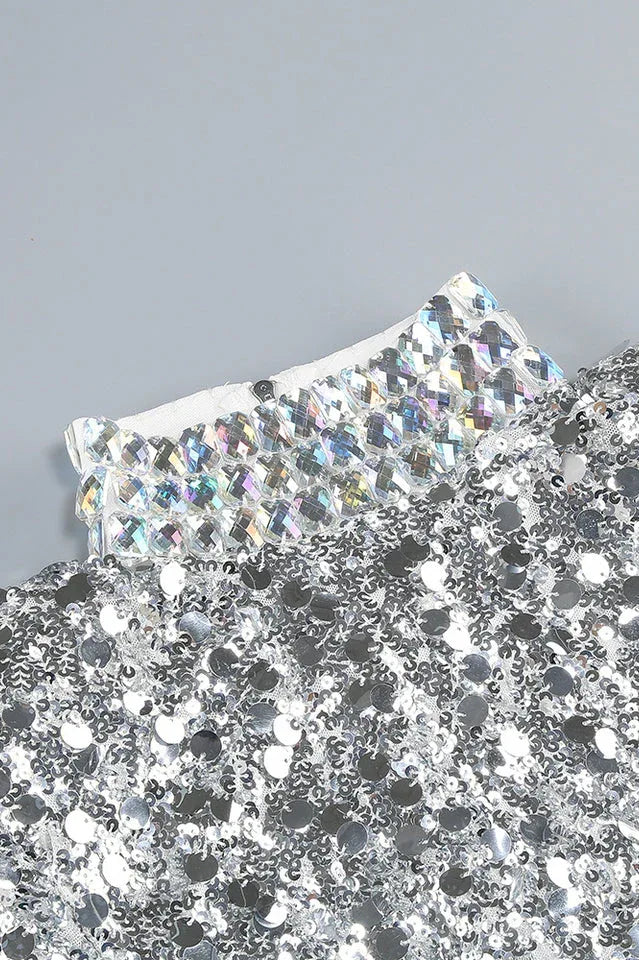 Silver sequin mini dress with high neckline and long sleeves - View 7 | WEUXS