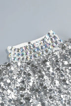 Silver sequin mini dress with high neckline and long sleeves - View 7 | WEUXS
