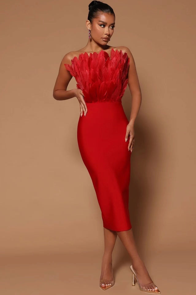 Parry Feather Strapless Midi Bandage Dress | Dress In Beauty