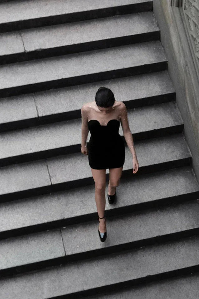 Black crystal embellished mini dress - View 13 | WEUXS
