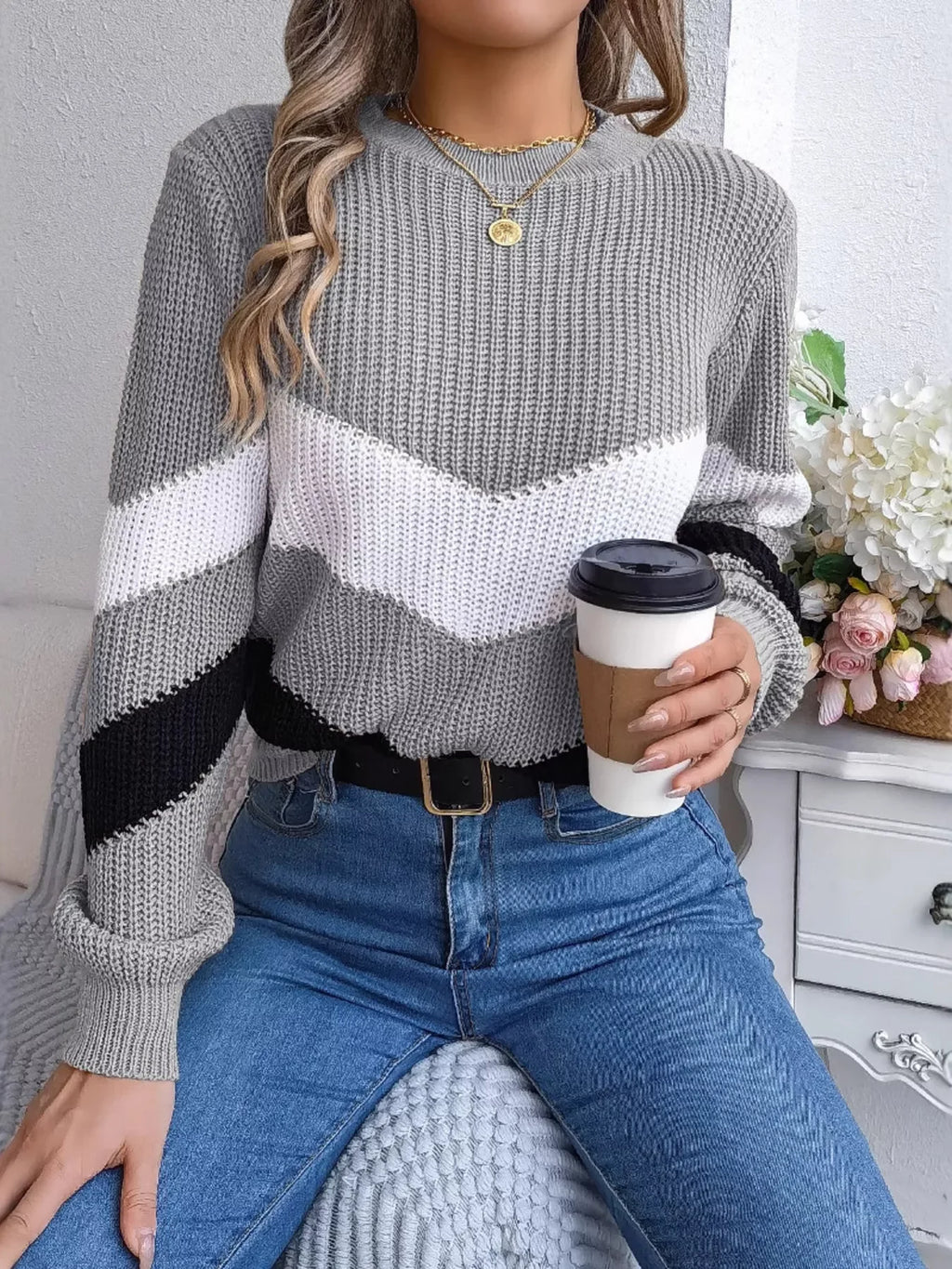 Color Block Chevron Knit Sweater - View 9 | WEUXS