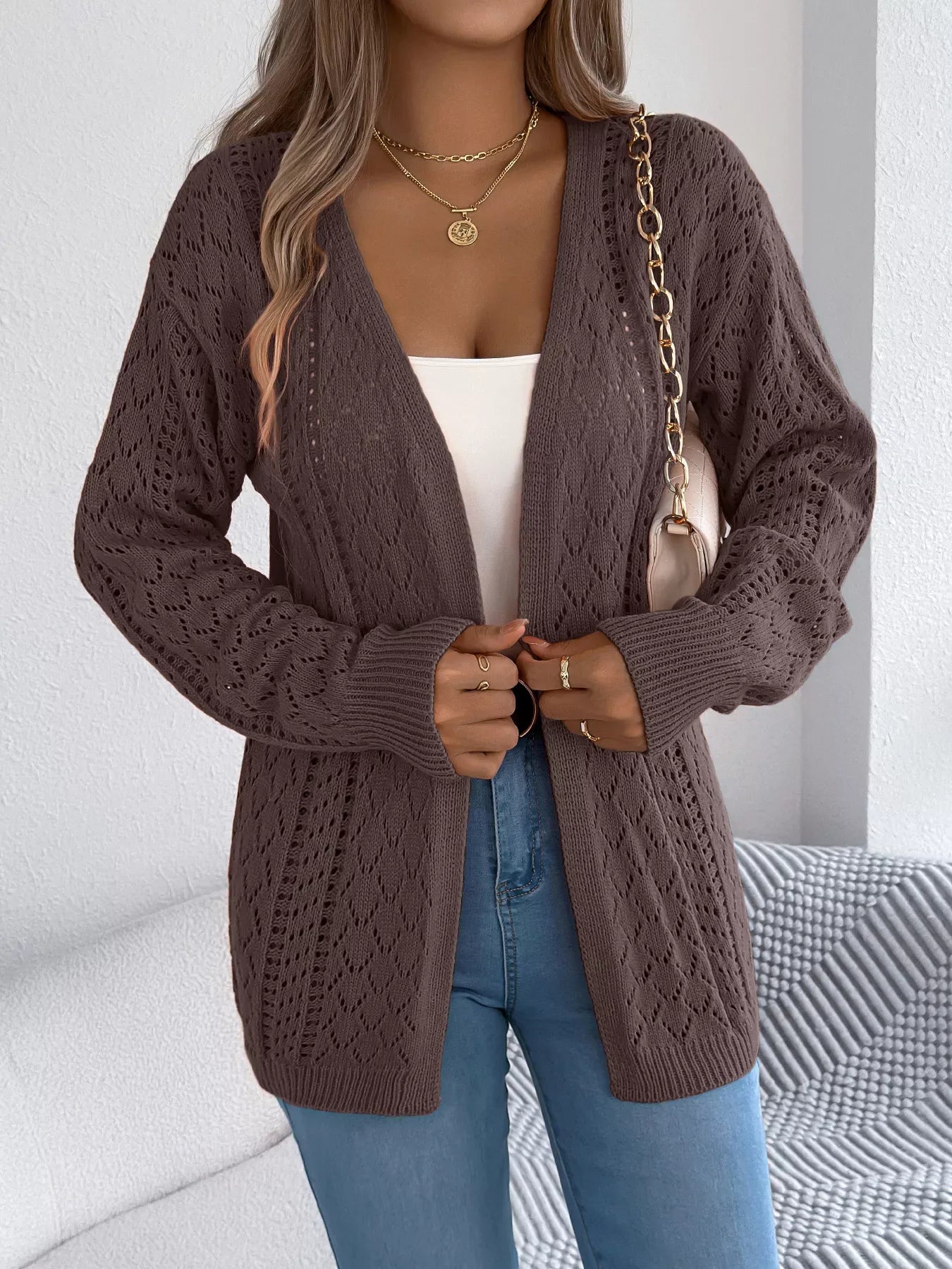 Orange Pointelle Knit Cardigan - WEUXS