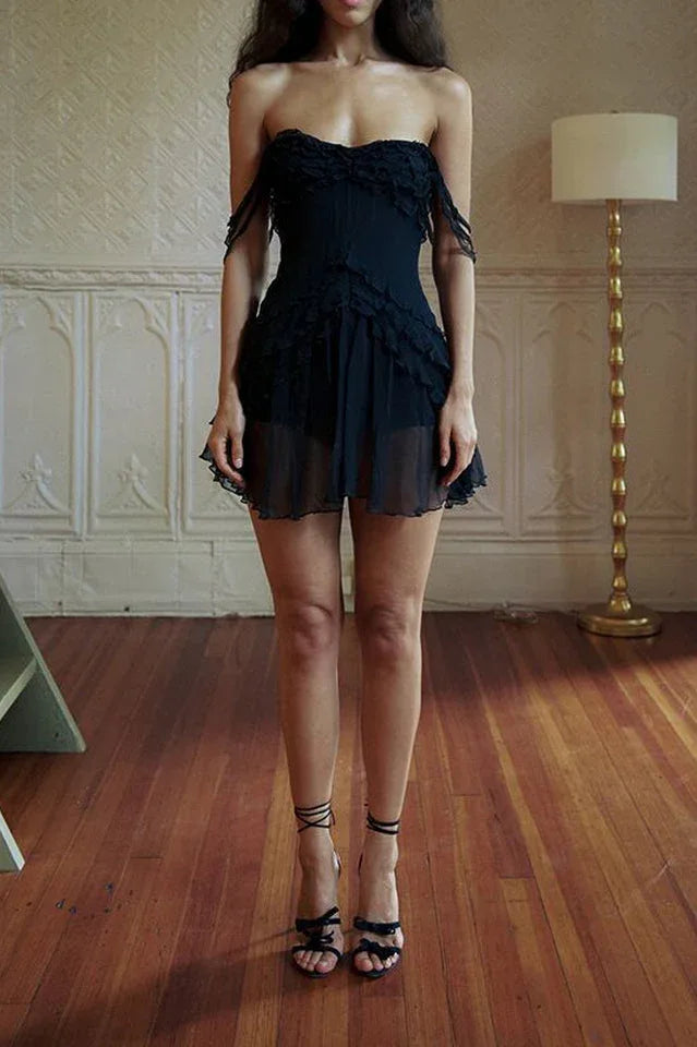 Off-the-shoulder chiffon mini dress with ruffle trim - View 6 | WEUXS