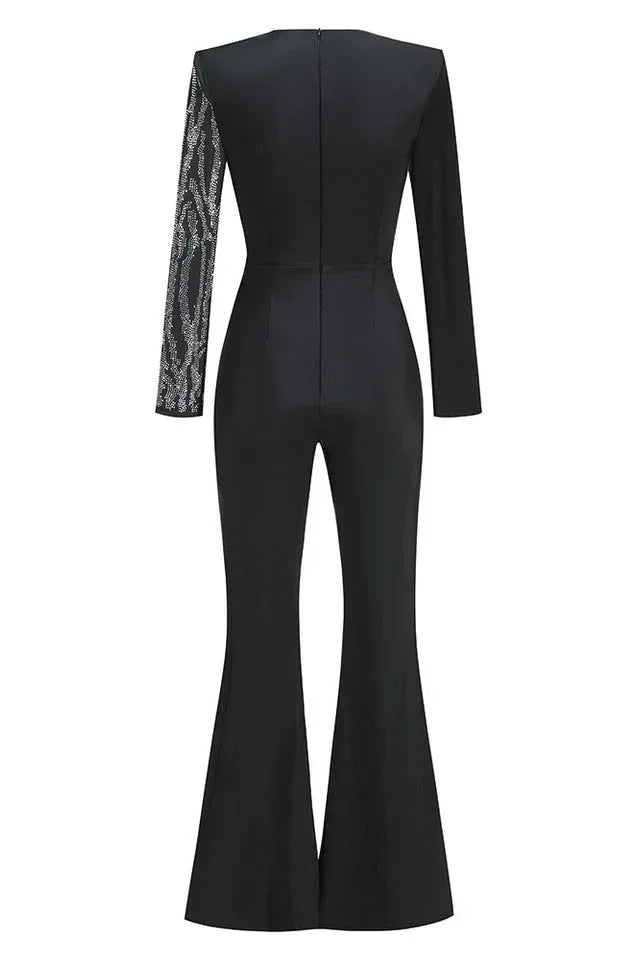 Women's elegant black crepe jumpsuit with V-neckline and rhinestone embellishments - View 15 | WEUXS