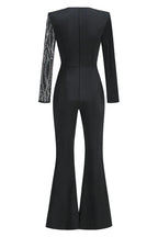 Women's elegant black crepe jumpsuit with V-neckline and rhinestone embellishments - View 15 | WEUXS