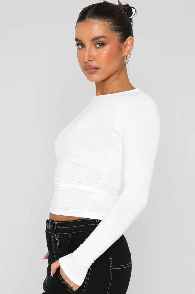 Women's long sleeve crew neck top with ruched side detail - View 6 | WEUXS