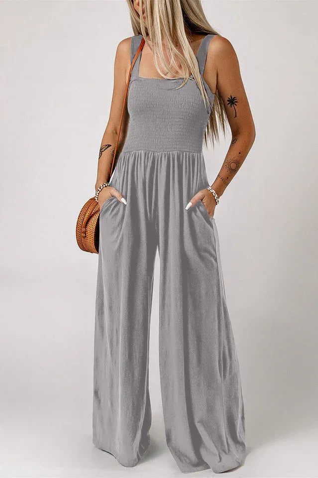 Wide leg jumpsuit with smocked bodice - View 13 | WEUXS
