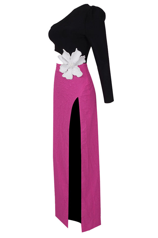 Jacquard One-Shoulder Flower Appliqué Dress | Dress In Beauty