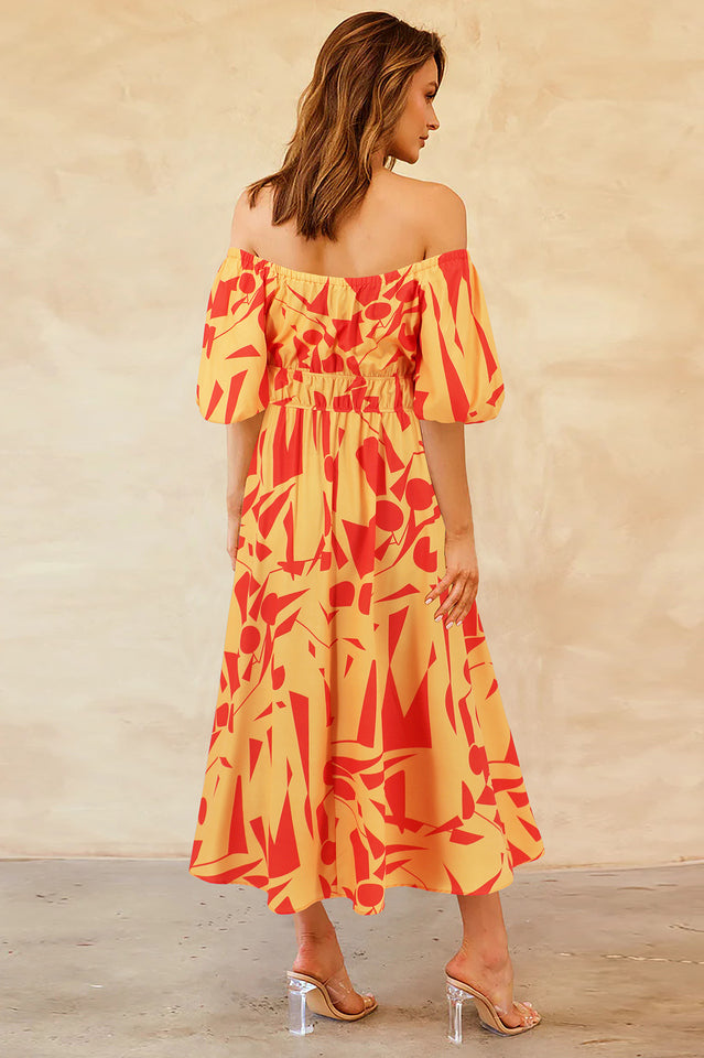 Printed Off Shoulder Balloon Sleeve Dress | Dress In Beauty