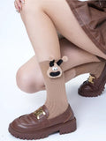 Khaki Ribbed Cotton Socks with Quirky 3D Monster Patch - View 6 | WEUXS