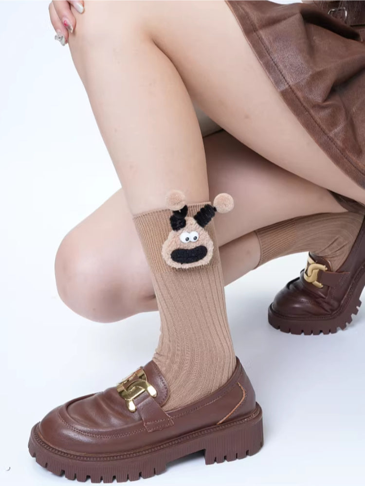 Khaki Ribbed Cotton Socks with Quirky 3D Monster Patch - View 6 | WEUXS