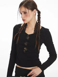 black long sleeve top with keyhole and lace trim - View 6 | WEUXS