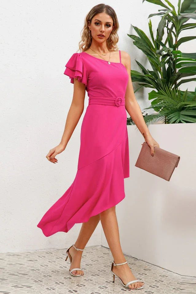 Asymmetrical neck dress with flutter sleeve - View 7 | WEUXS