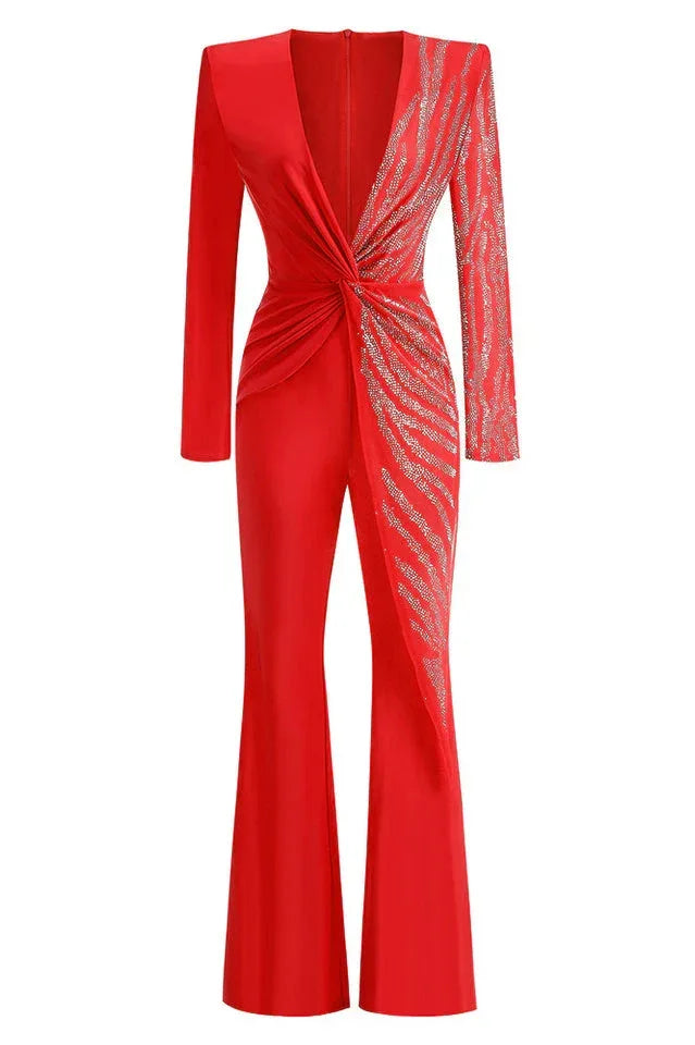 Women's elegant black crepe jumpsuit with V-neckline and rhinestone embellishments - View 12 | WEUXS