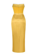 Mustard Draped Satin Corset Maxi Dress | Dress In Beauty
