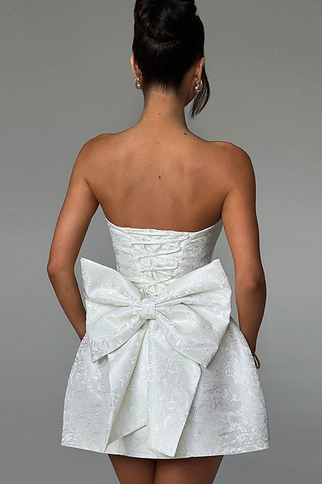 Jacquard Print Tube Back Bow Mini Dress | Dress In Beauty
