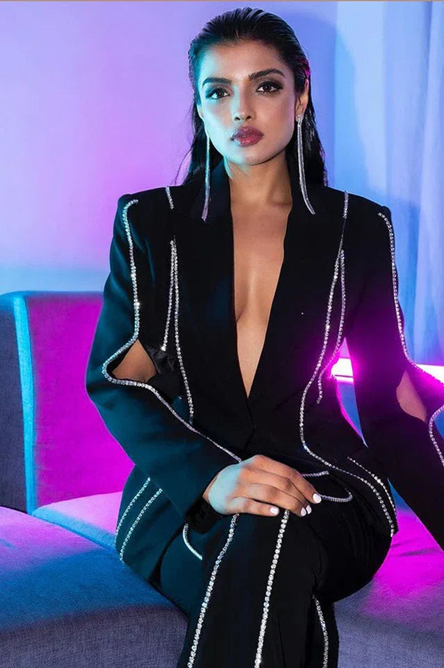 Women's black embellished blazer and flare pants set - View 12 | WEUXS