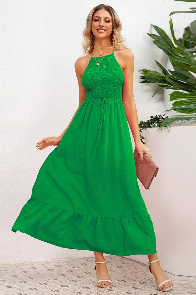 A-line maxi dress with smocked bodice and crisscross back straps - View 12 | WEUXS