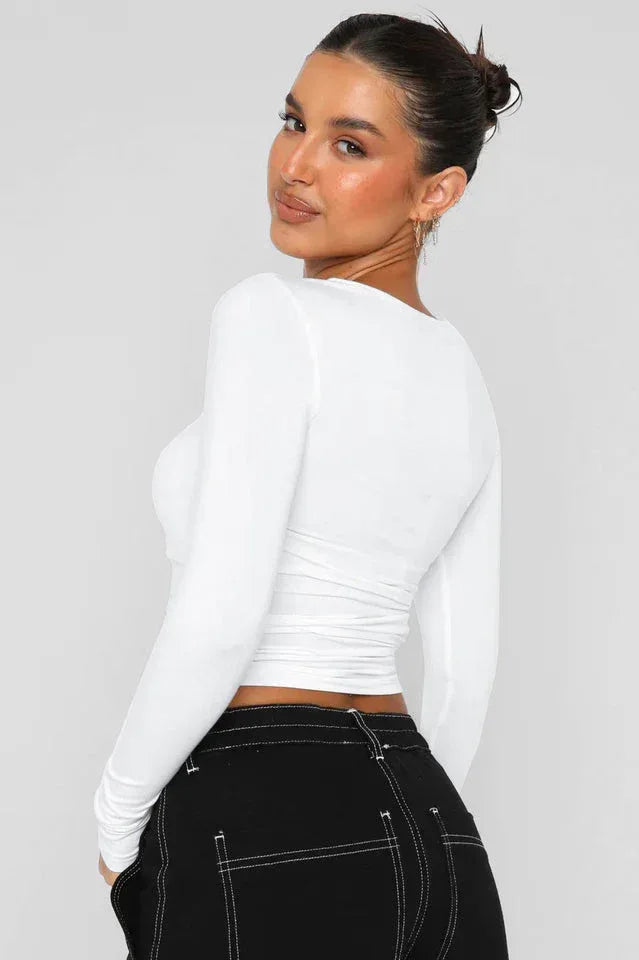 Women's long sleeve crew neck top with ruched side detail - View 7 | WEUXS