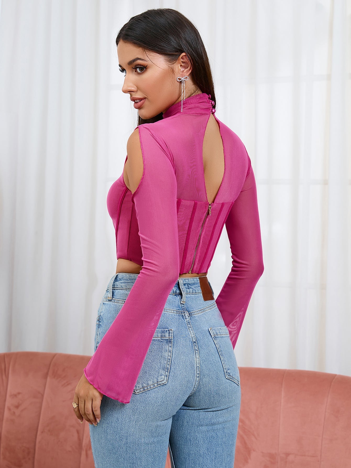 Mesh corset top with bell sleeves - View 14 | WEUXS