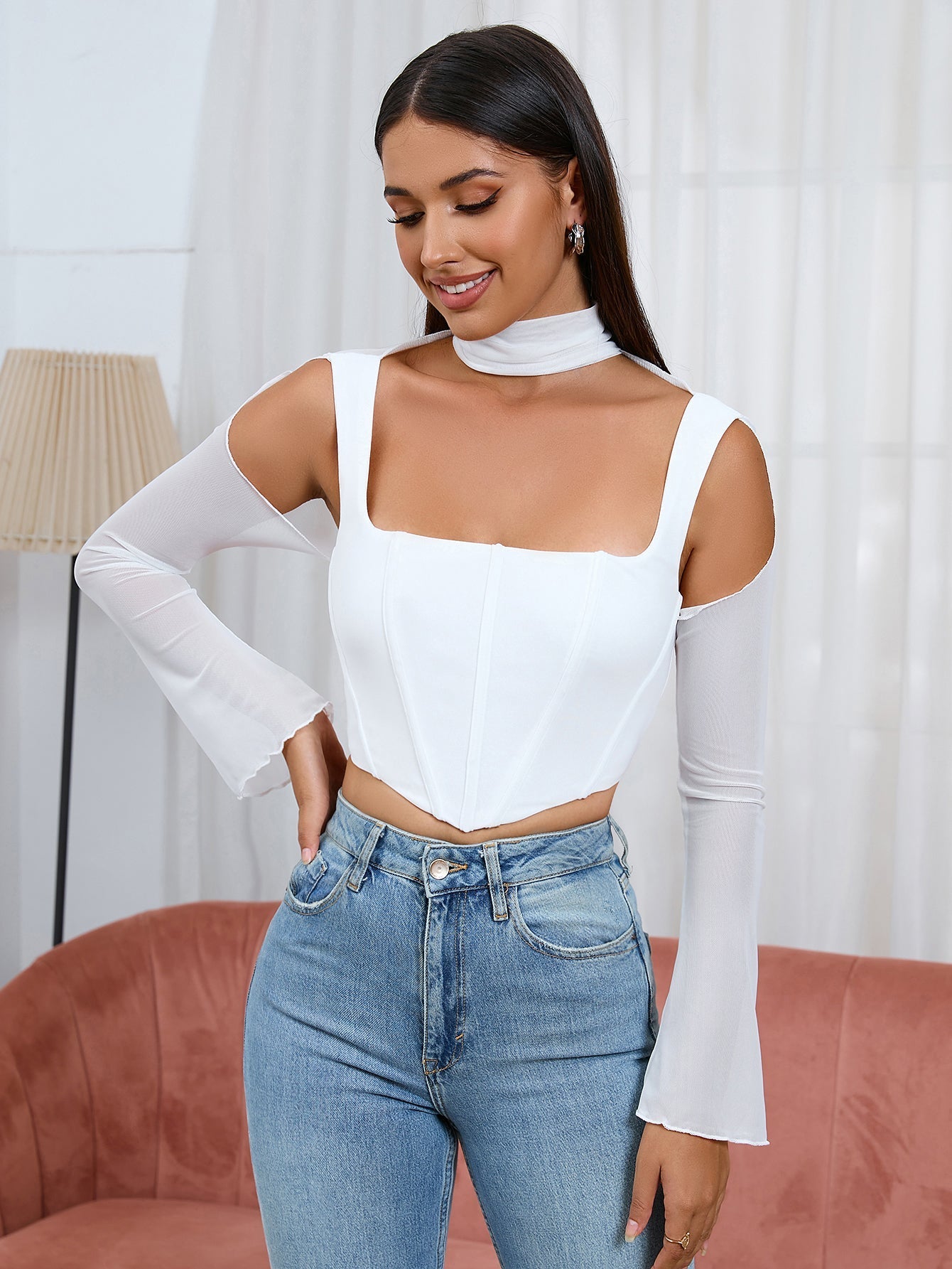 Mesh corset top with bell sleeves - View 21 | WEUXS