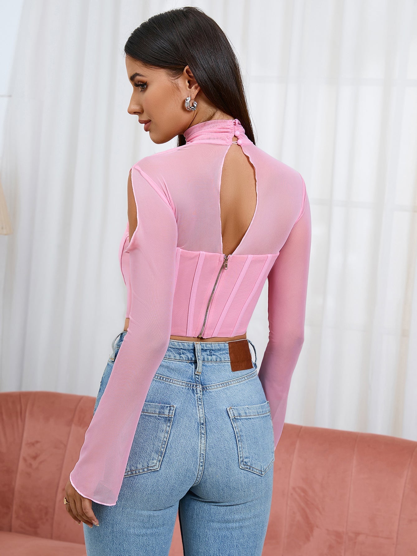 Mesh corset top with bell sleeves - View 17 | WEUXS