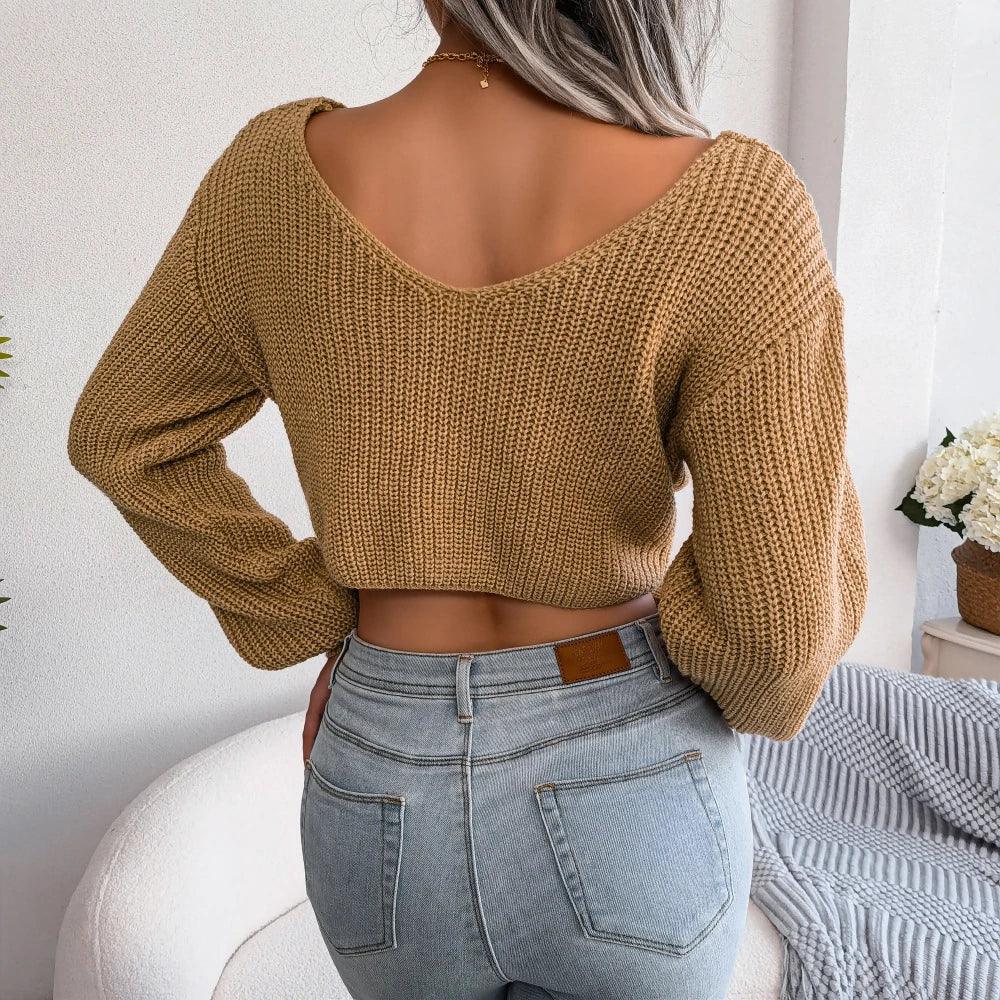 Olive Moss Twist-Front Crop Knit Sweater - View 15 | WEUXS