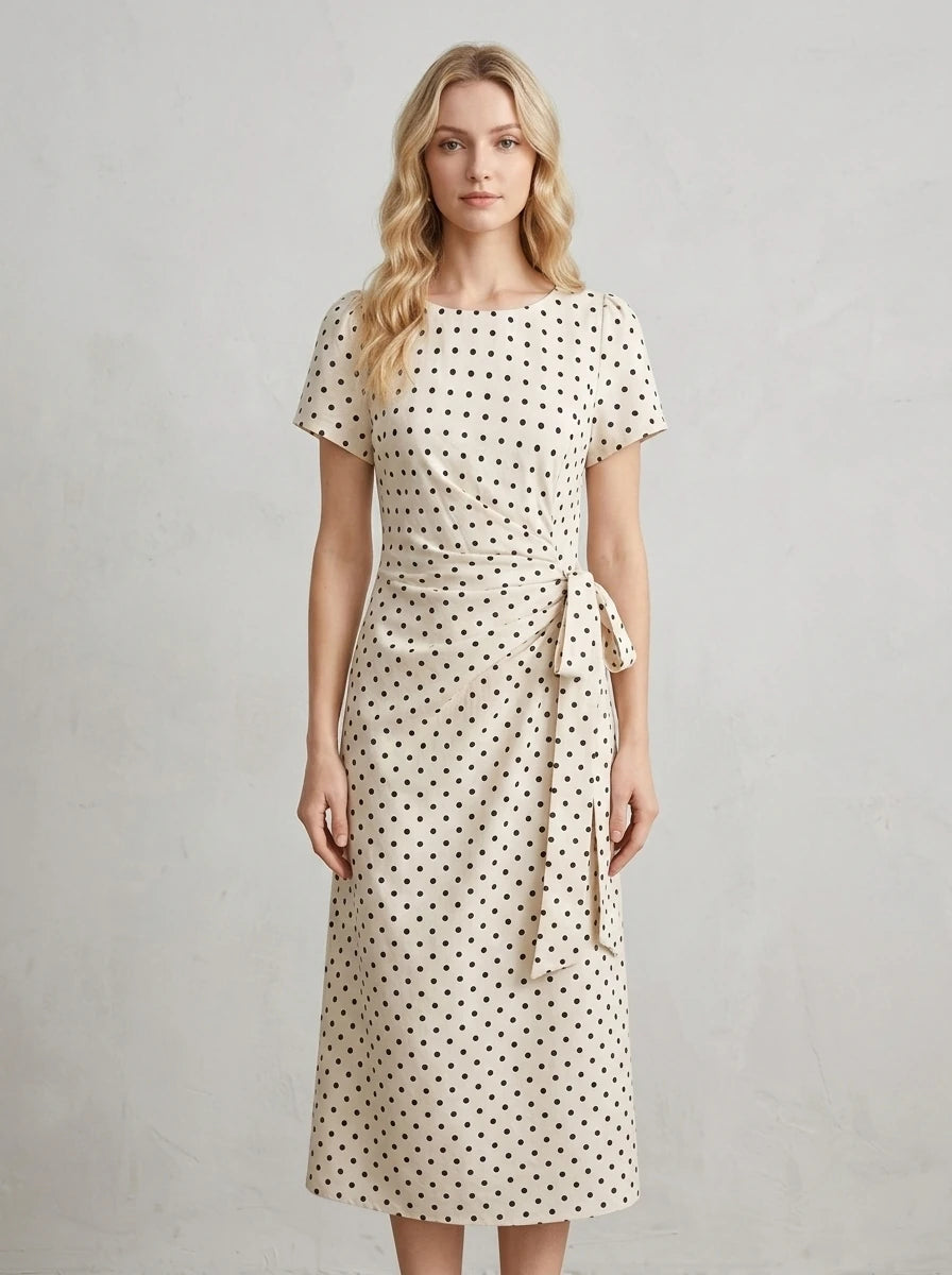 Woman wearing a cream polka dot midi wrap dress with short sleeves