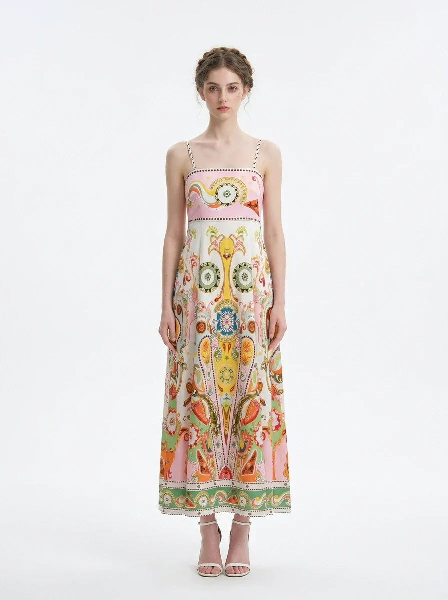 Woman wearing a long, printed sundress with spaghetti straps and a square neckline, standing against a white background.