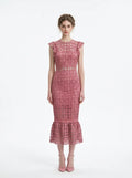 Model wearing Dusty Rose Lace Midi Dress from the front