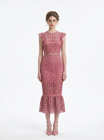 Model wearing Dusty Rose Lace Midi Dress from the front