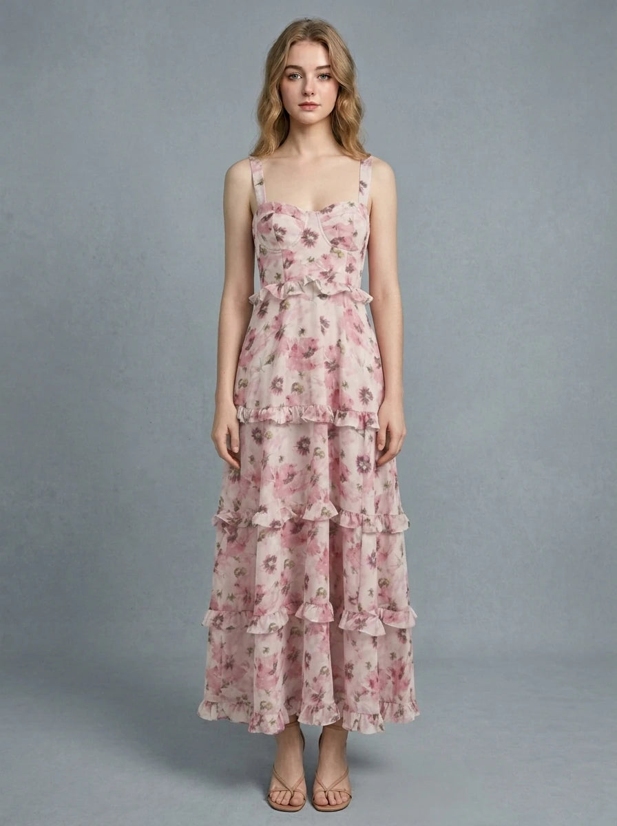 Ruffle Lace-Up Maxi Dress