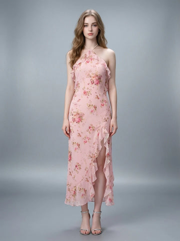 Floral Halter Maxi Dress with Ruffles