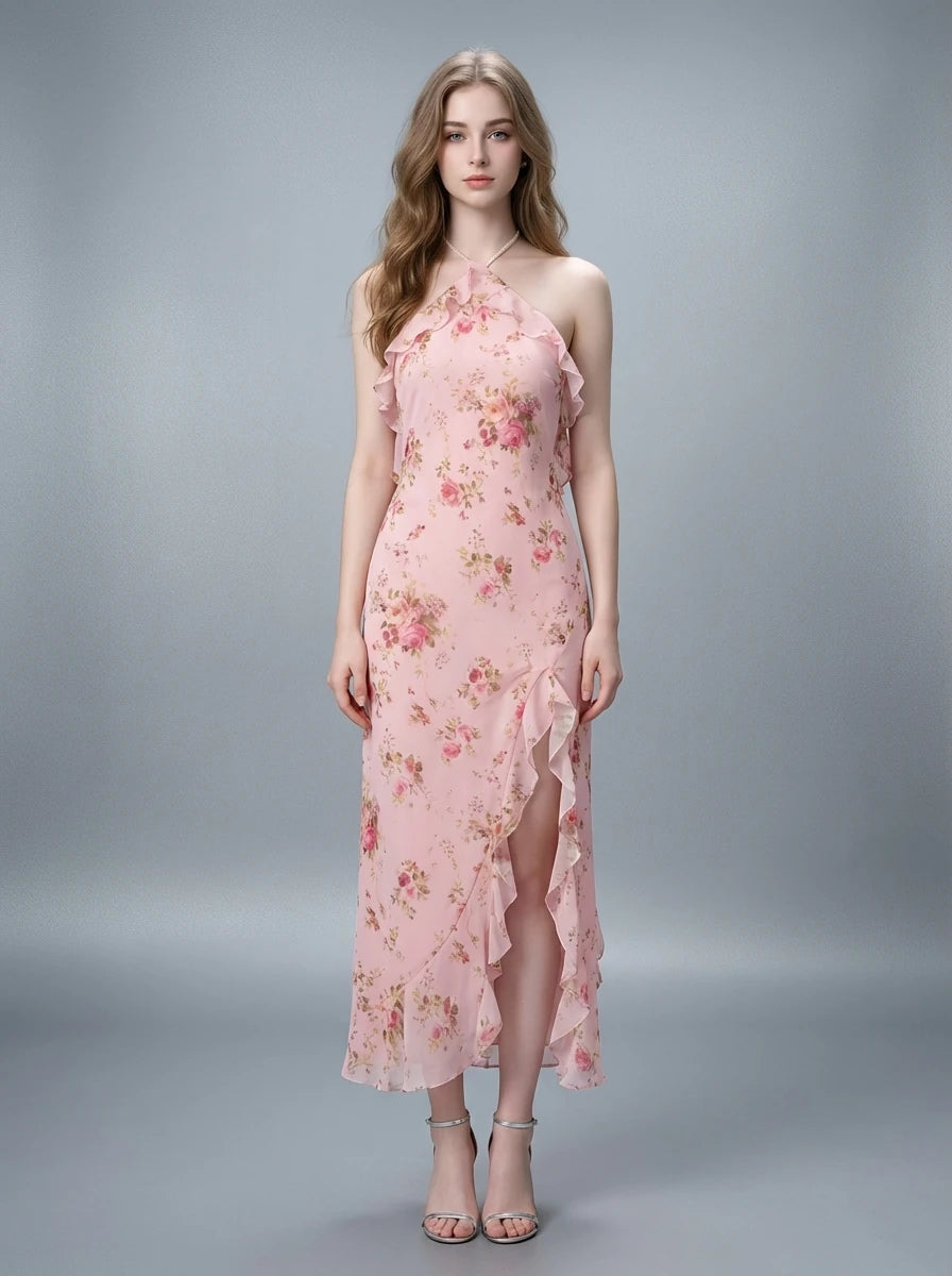 Floral Halter Maxi Dress with Ruffles