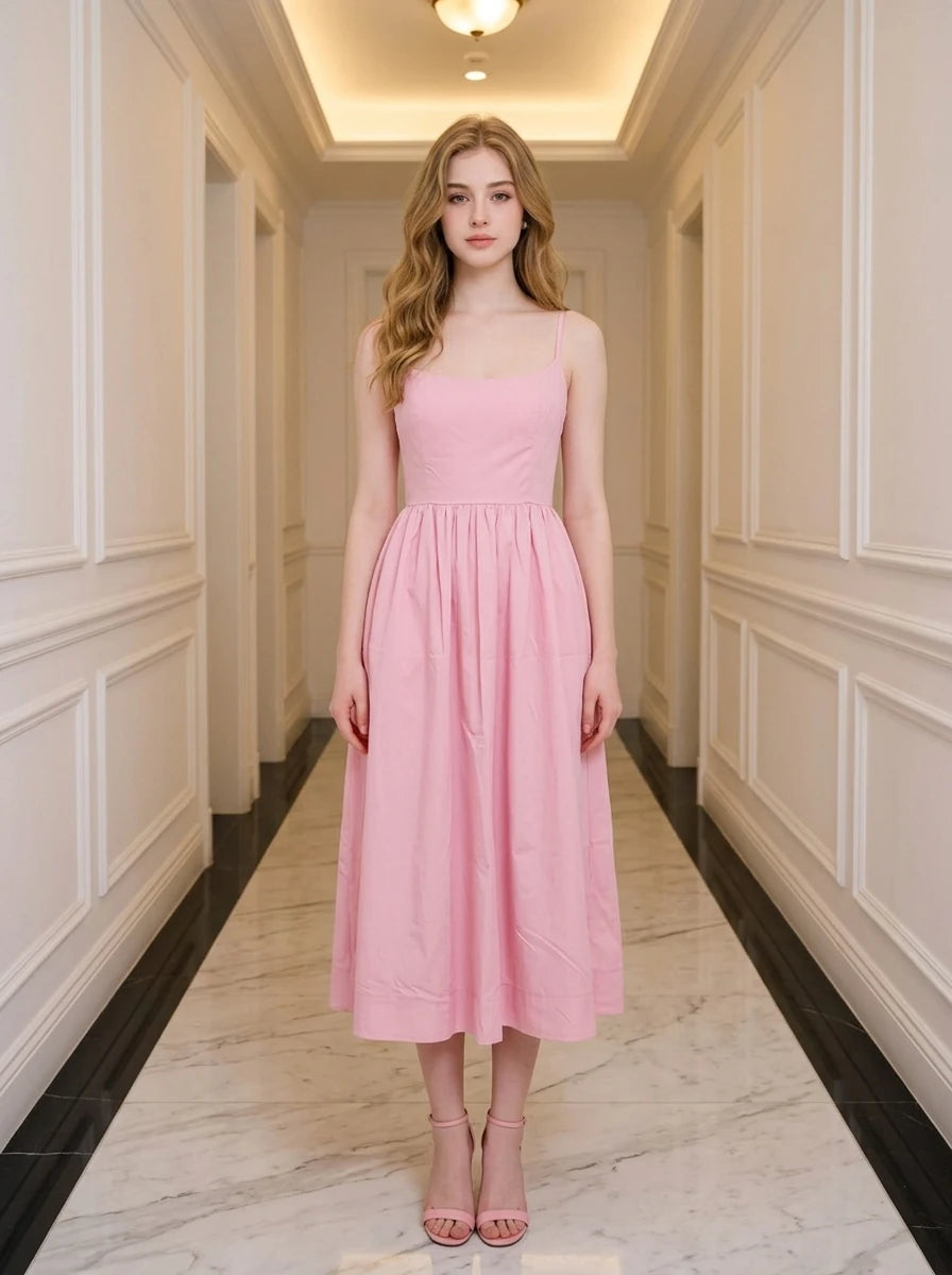Woman wearing a pink midi dress with spaghetti straps and a square neckline, standing in a hallway. Main image