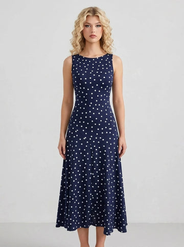 Woman wearing a navy blue polka dot midi dress