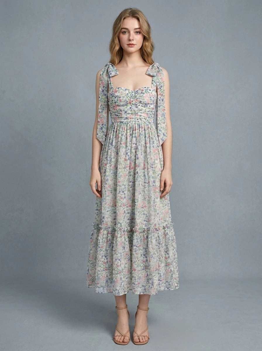 Woman wearing a floral print midi dress with tie shoulder straps and a ruched bodice