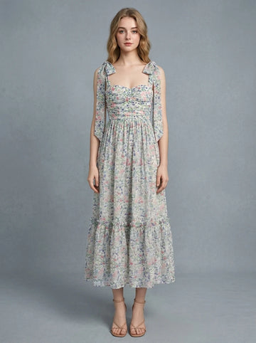 Woman wearing a floral print midi dress with tie shoulder straps and a ruched bodice