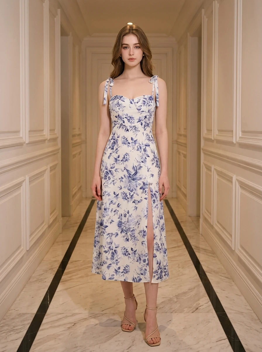 Woman wearing a white midi dress with a blue floral print and tie shoulder straps, standing in a hallway.