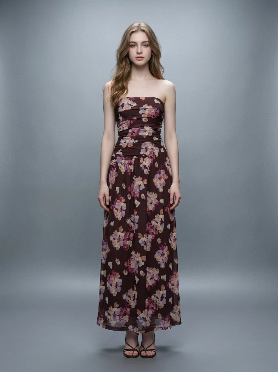 Woman wearing a strapless floral print chiffon maxi dress